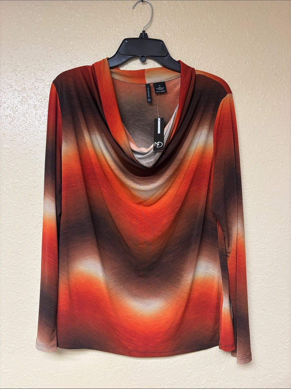 New Directions Sunset Ombre Cowl Neck Top - Orange, Brown, Cream